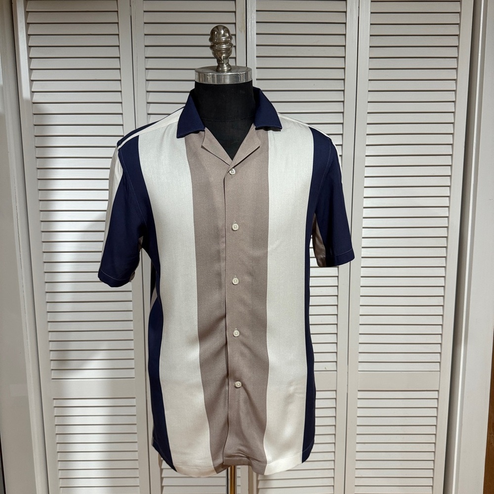 Reiss Men's Vertical Stripe Button-Down Shirt - Navy, Taupe & White
